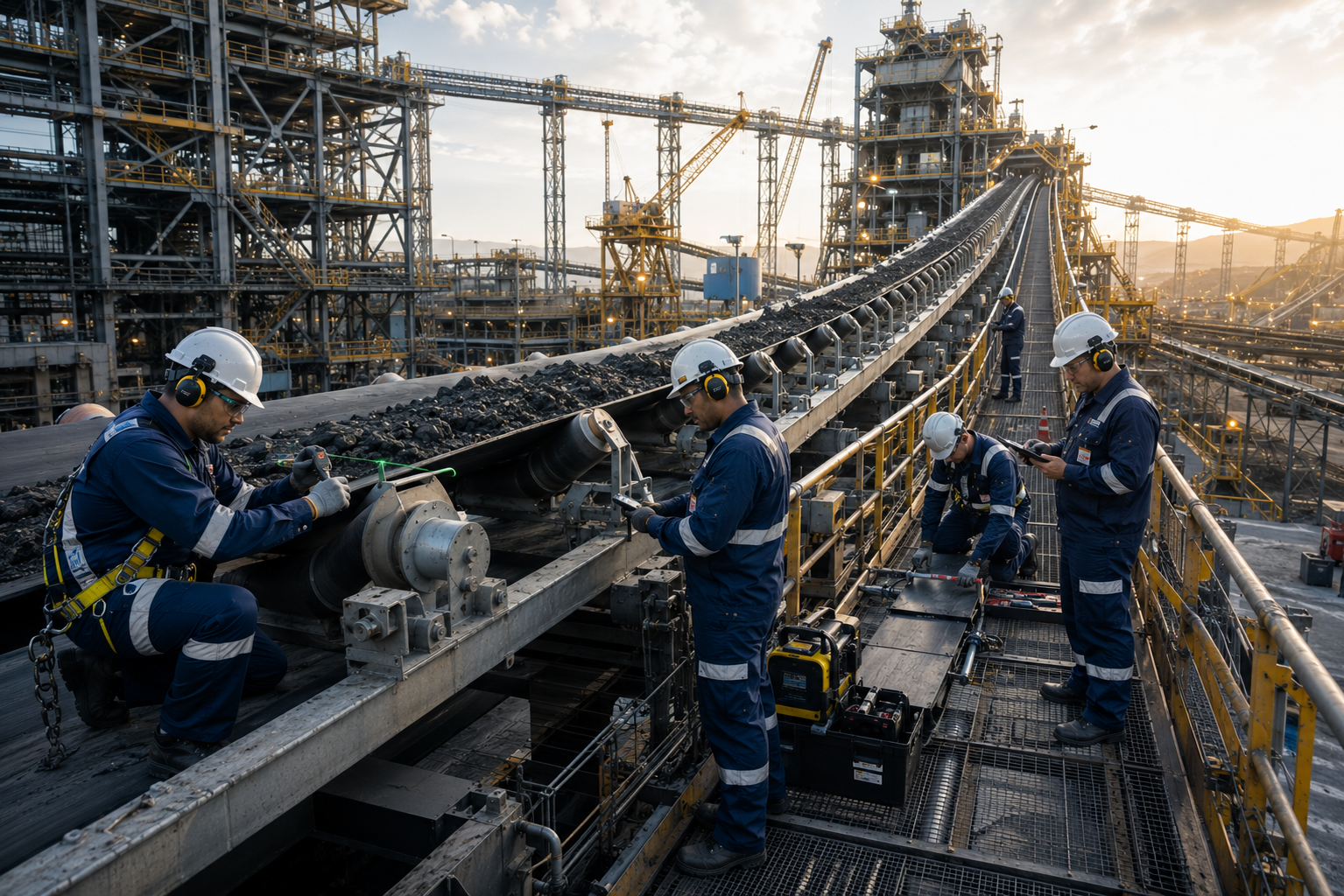 Technicians inspecting a mining conveyor belt system