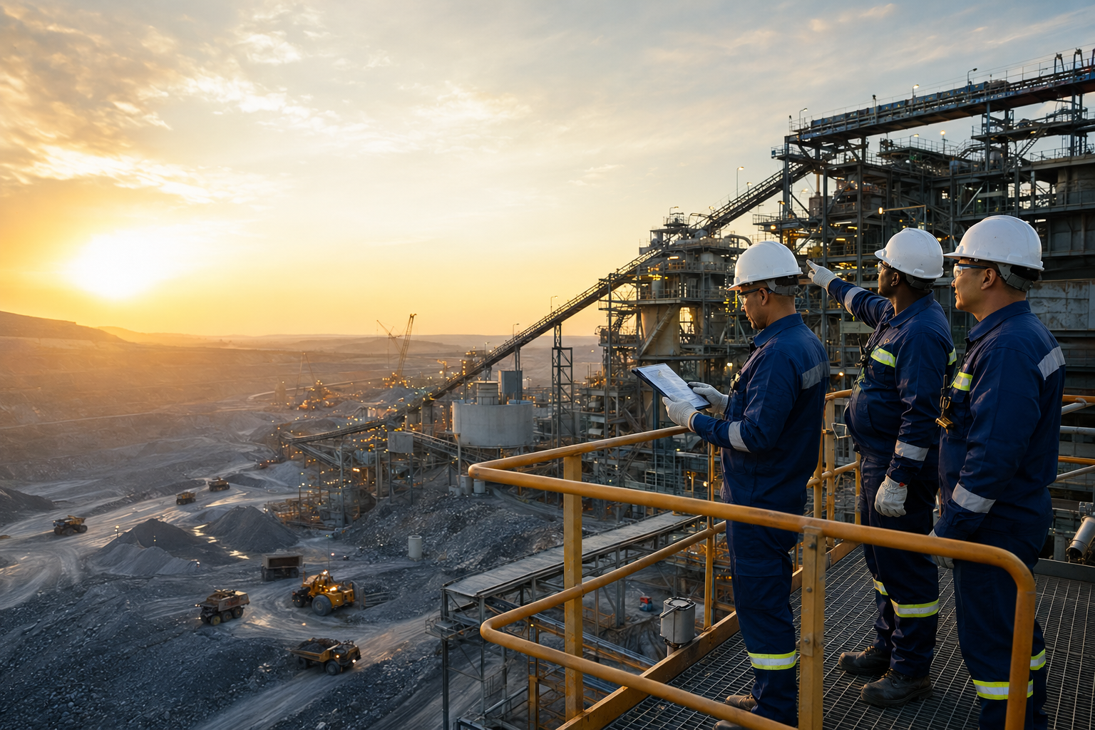 MST Projects engineers overlooking an open-pit mine at sunset